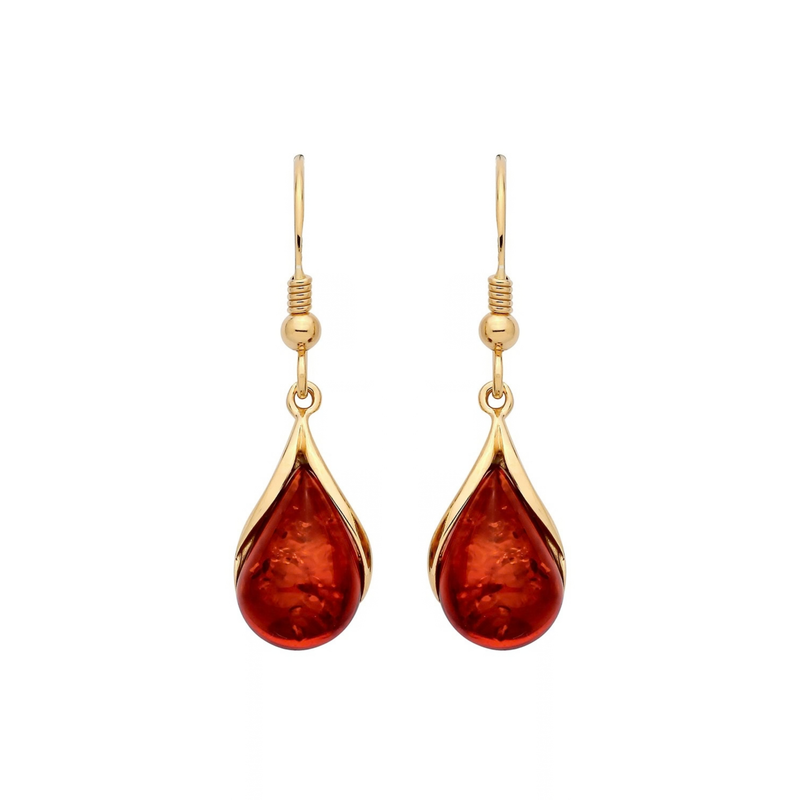 Gold Plated Sterling Silver Natural Baltic Amber Teardrop Earrings