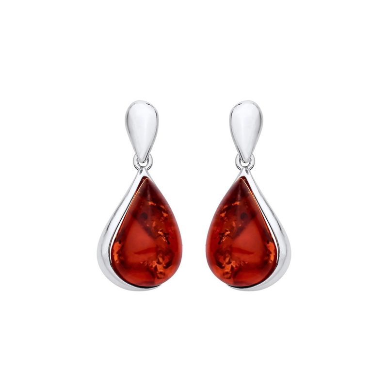 Sterling Silver Natural Baltic Amber Teardrop Frame Earrings
