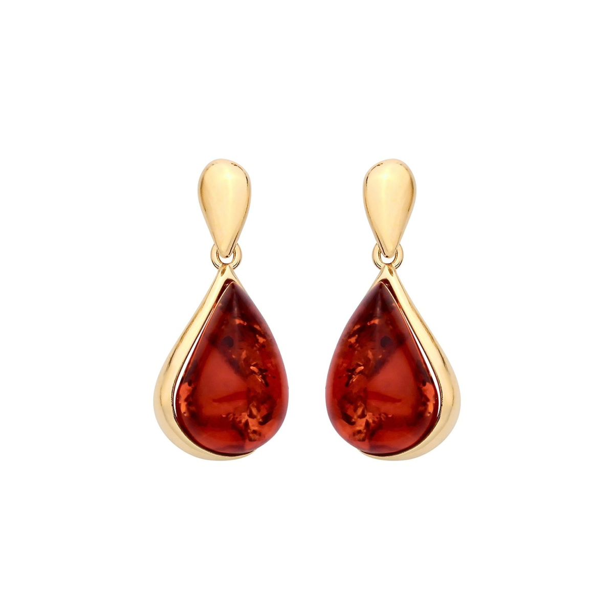 Gold Plated Sterling Silver Natural Baltic Amber Teardrop Frame Earrings
