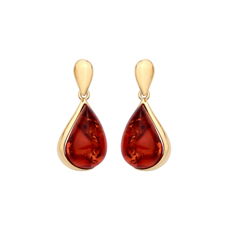 Gold Plated Sterling Silver Natural Baltic Amber Teardrop Frame Earrings