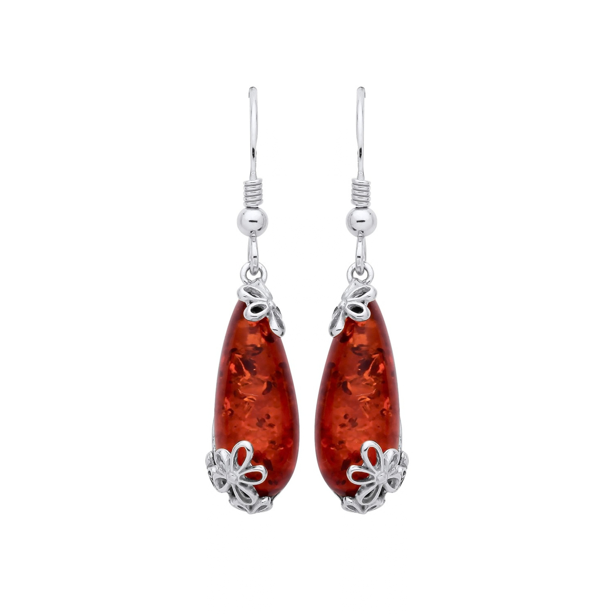 Sterling Silver Natural Baltic Amber Floral Drop Earrings