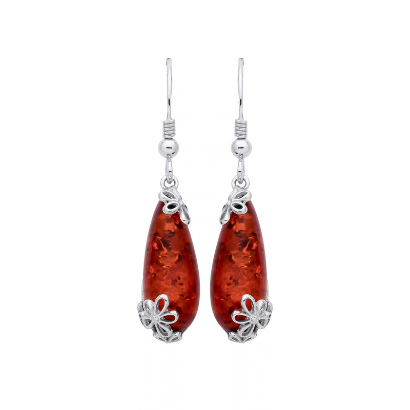 Sterling Silver Natural Baltic Amber Floral Drop Earrings