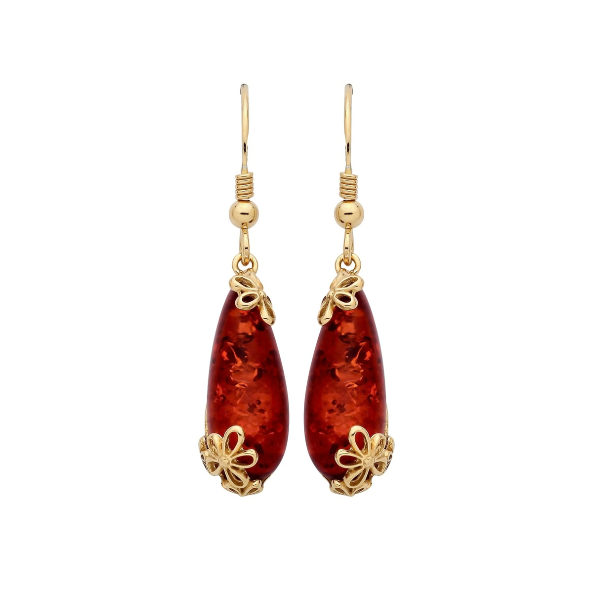 Gold Plated Sterling Silver Natural Baltic Amber Floral Drop Earrings