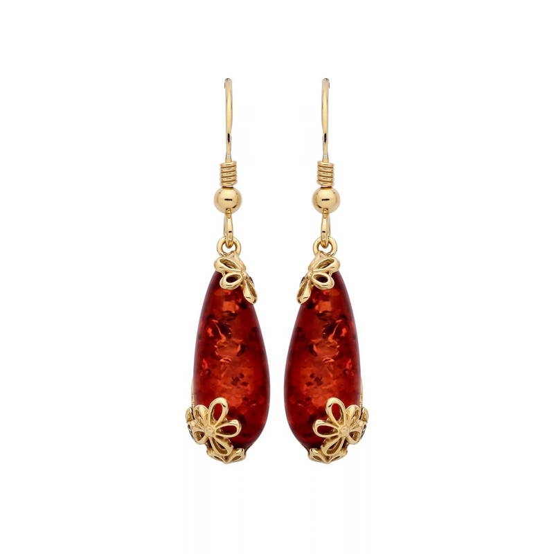 Gold Plated Sterling Silver Natural Baltic Amber Floral Drop Earrings
