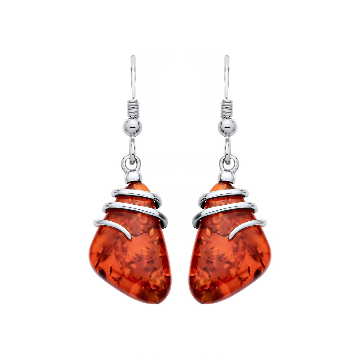 Sterling Silver Natural Baltic Amber Abstract Wave Drop Earrings