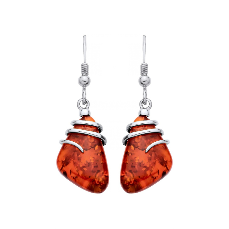 Sterling Silver Natural Baltic Amber Abstract Wave Drop Earrings