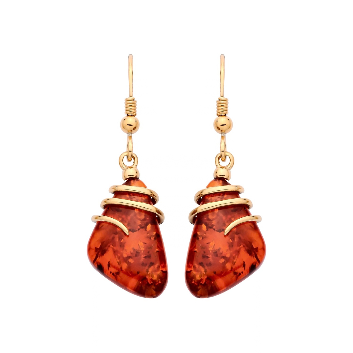 Gold Plated Sterling Silver Natural Baltic Amber Abstract Wave Drop Earrings
