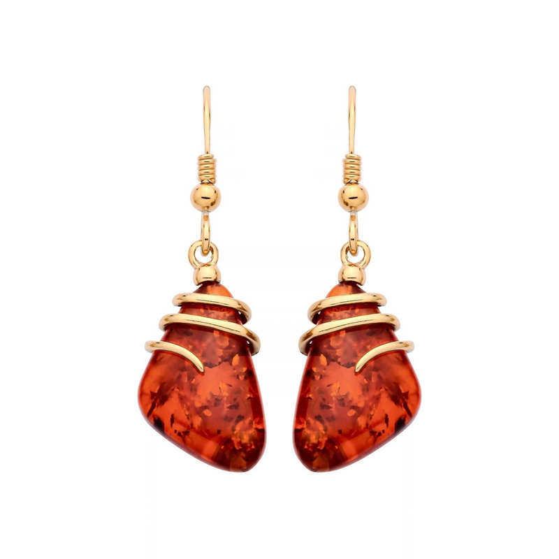 Gold Plated Sterling Silver Natural Baltic Amber Abstract Wave Drop Earrings