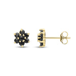 9ct Yellow Gold Natural Black Sapphire Flower Cluster Stud Earrings