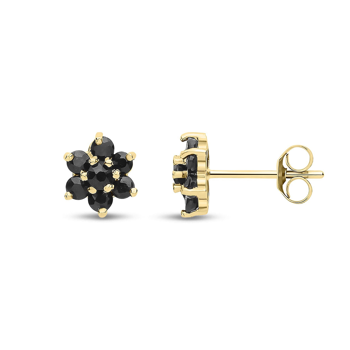 9ct Yellow Gold Natural Black Sapphire Flower Cluster Stud Earrings