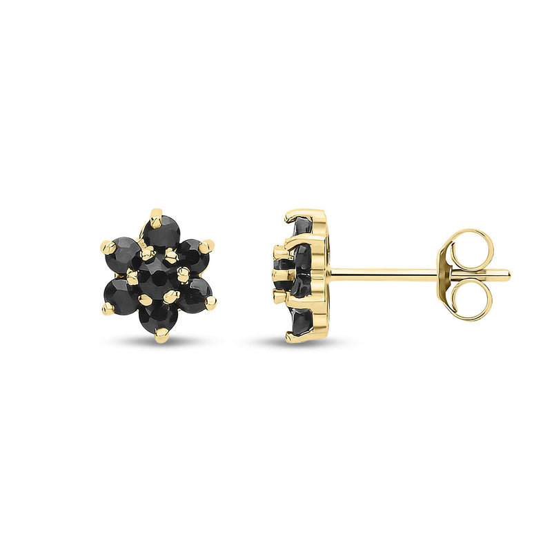 9ct Yellow Gold Natural Black Sapphire Flower Cluster Stud Earrings