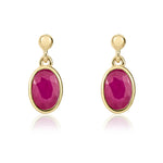 9ct Yellow Gold Oval Natural Ruby Rubover Drop Earrings — 6x4mm