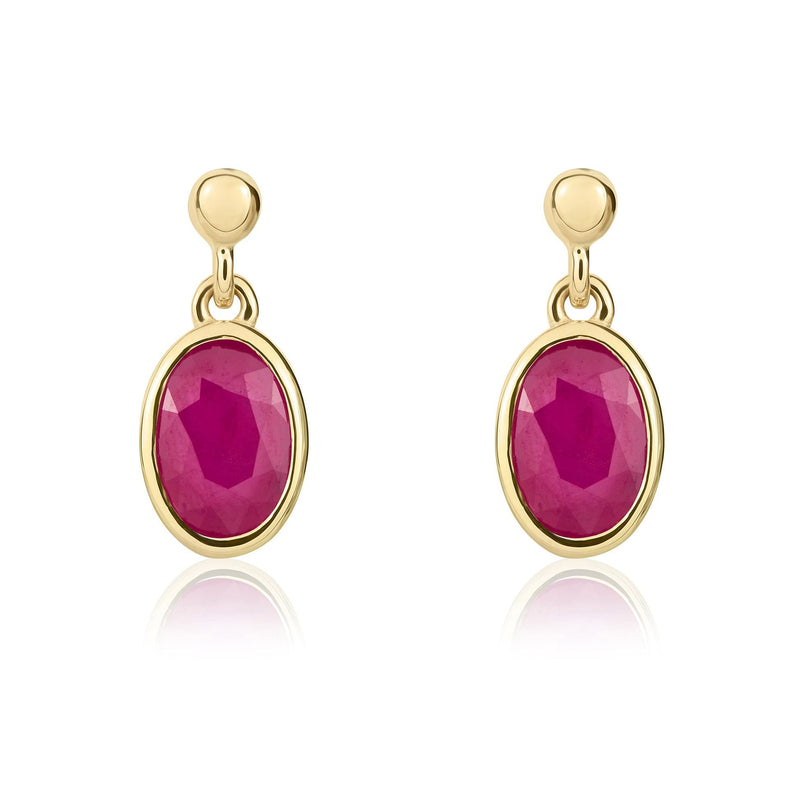 9ct Yellow Gold Oval Natural Ruby Rubover Drop Earrings — 6x4mm