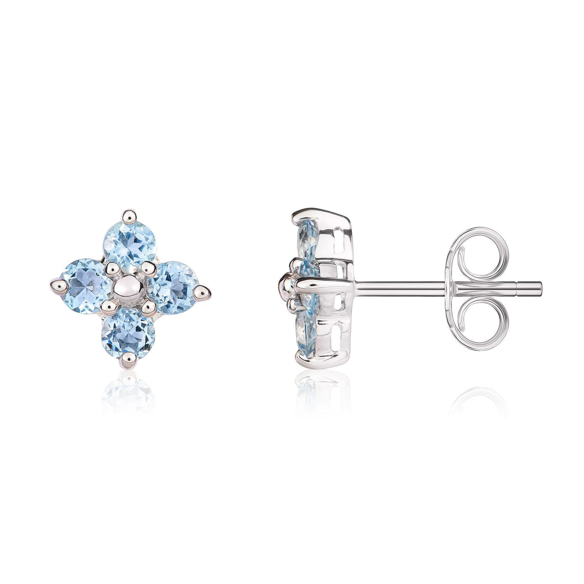 9ct White Gold Round Natural Aquamarine Four Stone Cluster Stud Earrings