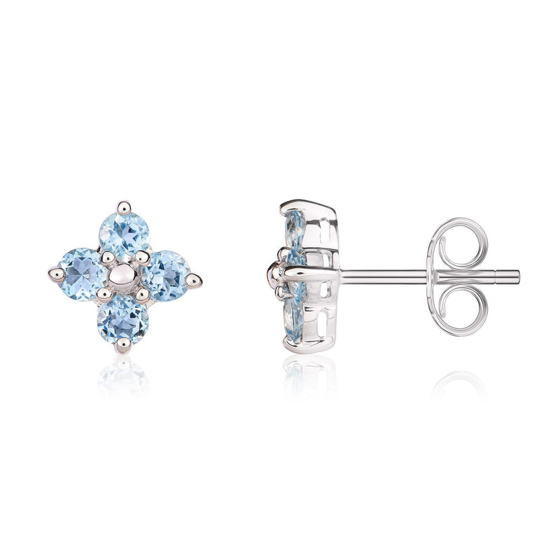 9ct White Gold Round Natural Aquamarine Four Stone Cluster Stud Earrings