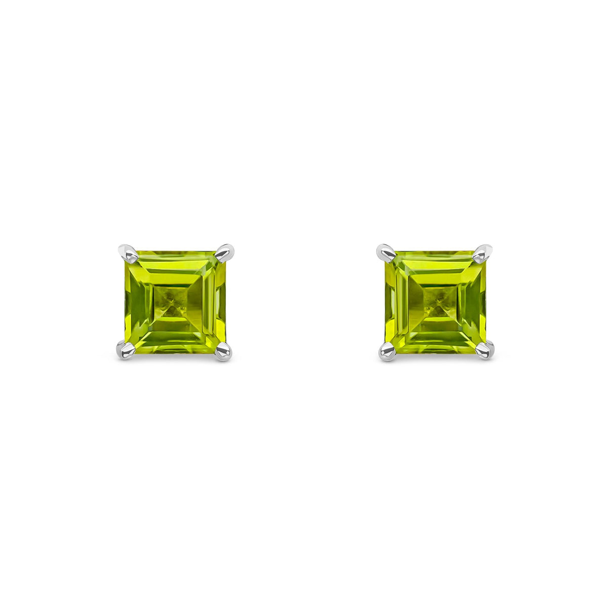 9ct White Gold Square Natural Peridot Claw Stud Earrings — 5mm