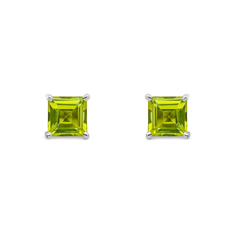 9ct White Gold Square Natural Peridot Claw Stud Earrings — 5mm