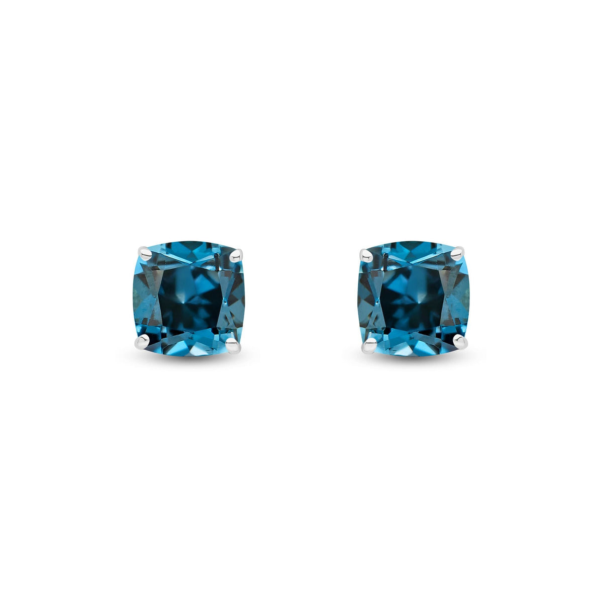 9ct White Gold Cushion Natural London Blue Topaz Claw Stud Earrings — 8mm