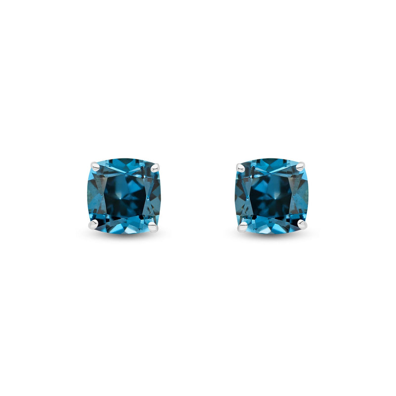 9ct White Gold Cushion Natural London Blue Topaz Claw Stud Earrings — 8mm
