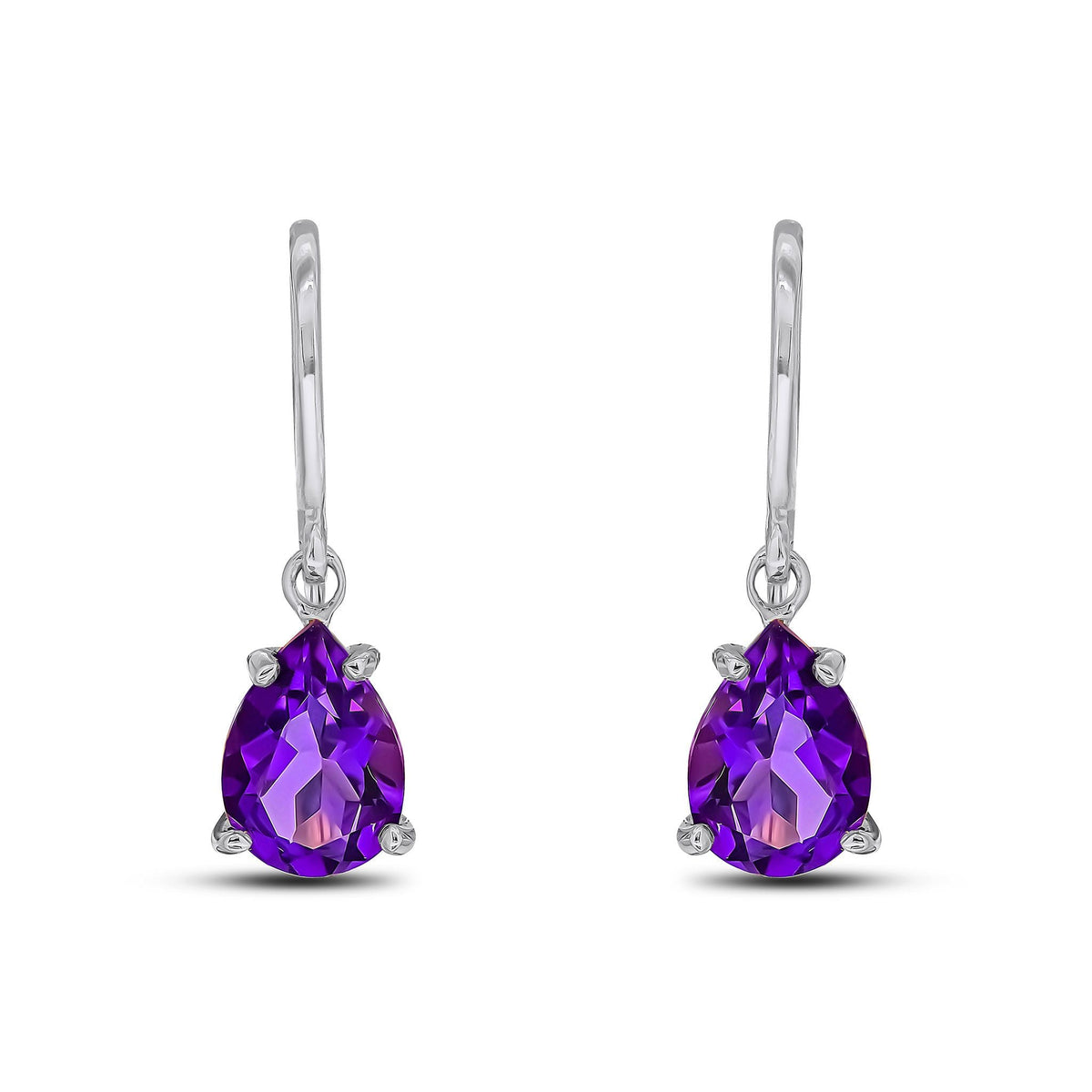 9ct White Gold Pear Shaped Natural Amethyst Claw Wire Hook Drop Earrings