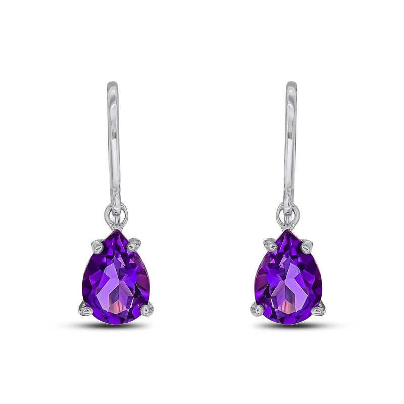 9ct White Gold Pear Shaped Natural Amethyst Claw Wire Hook Drop Earrings