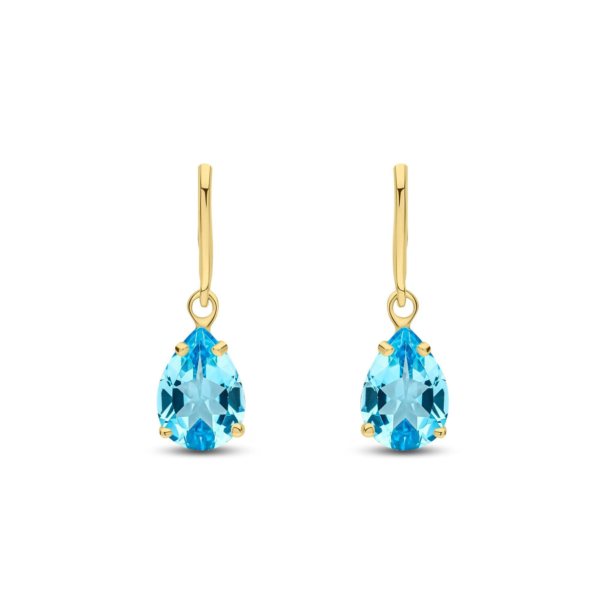 9ct Yellow Gold Pear Shaped Natural Swiss Blue Topaz Claw Wire Hook Drop Earrings