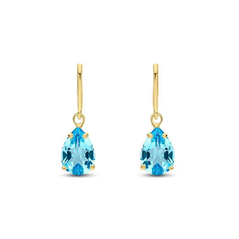 9ct Yellow Gold Pear Shaped Natural Swiss Blue Topaz Claw Wire Hook Drop Earrings