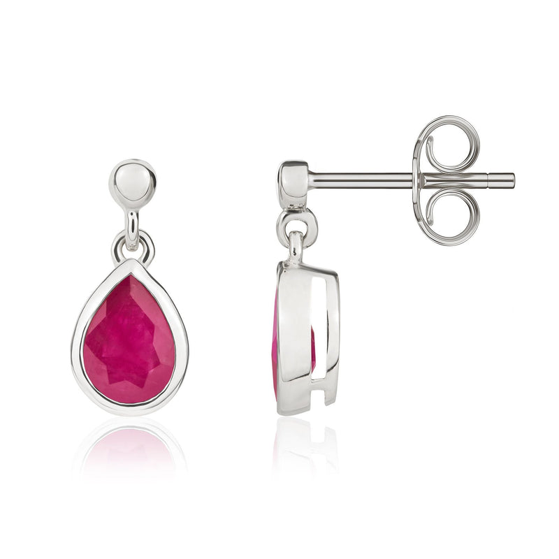 9ct White Gold Pear Shaped Natural Ruby Rubover Drop Earrings — 7x5mm