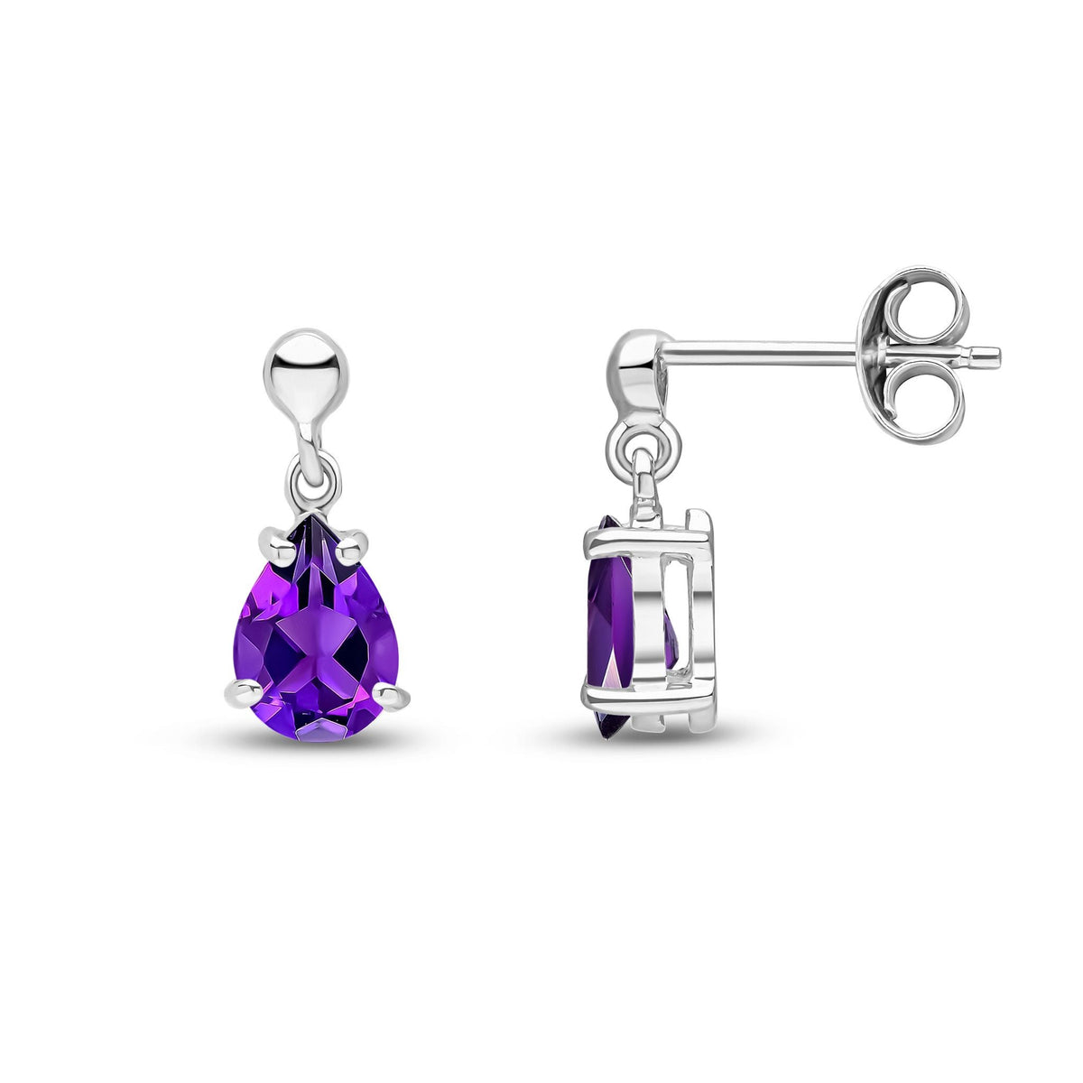 9ct White Gold Pear Shaped Natural Amethyst Claw Drop Earrings — 7x5mm