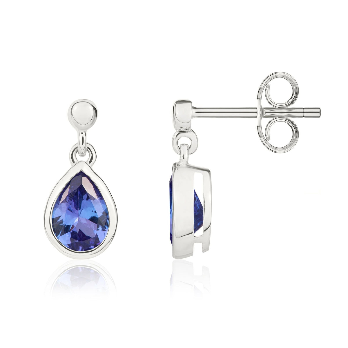 9ct White Gold Pear Shaped Natural Tanzanite Rubover Drop Earrings — 7x5mm