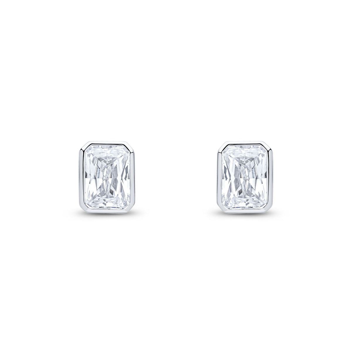9ct White Gold Octagonal Emerald Cut Cubic Zirconia CZ Rubover Stud Earrings — 7x5mm