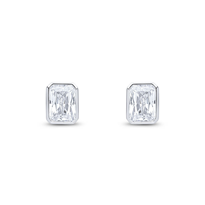 9ct White Gold Octagonal Emerald Cut Cubic Zirconia CZ Rubover Stud Earrings — 7x5mm