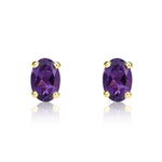 9ct Yellow Gold Oval Natural Amethyst Claw Stud Earrings — 6x4mm