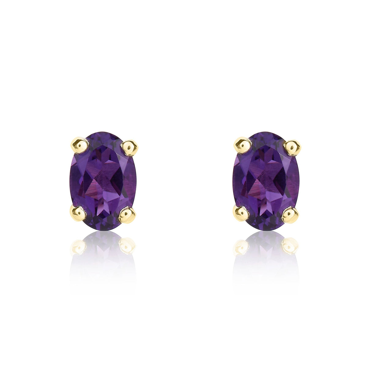 9ct Yellow Gold Oval Natural Amethyst Claw Stud Earrings — 6x4mm