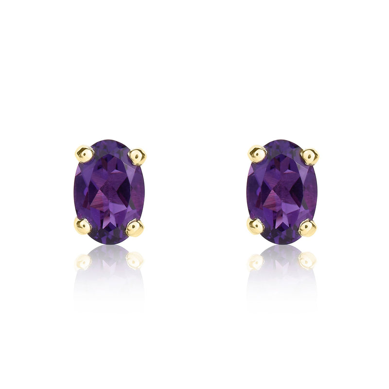9ct Yellow Gold Oval Natural Amethyst Claw Stud Earrings — 6x4mm