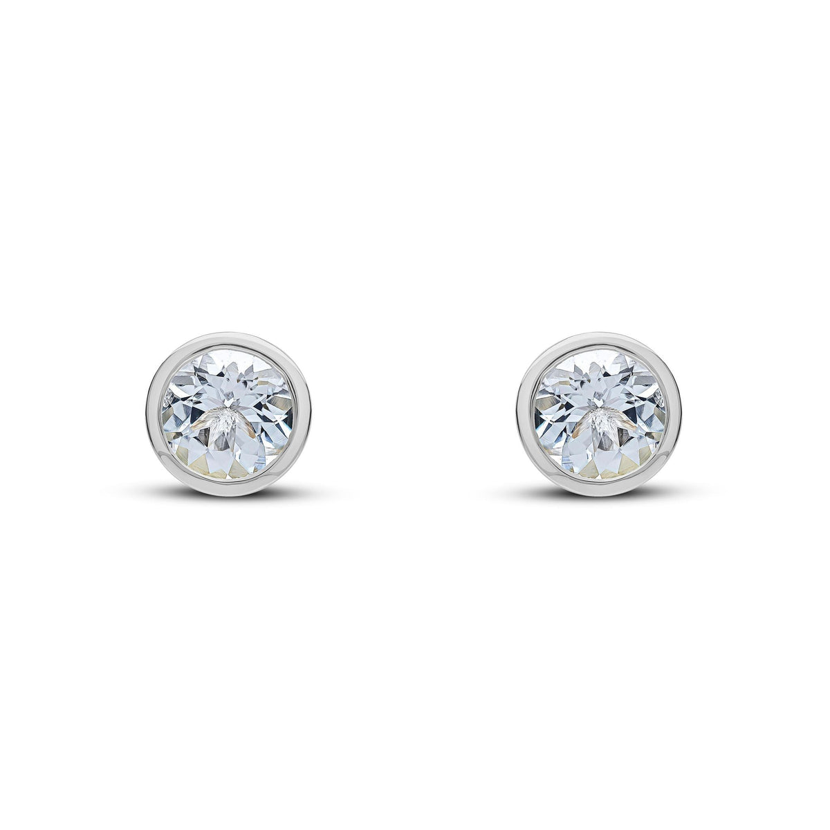 9ct White Gold Round Natural Aquamarine Rubover Stud Earrings — 6mm