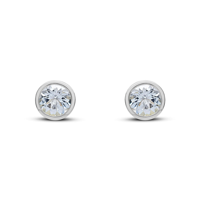9ct White Gold Round Natural Aquamarine Rubover Stud Earrings — 6mm