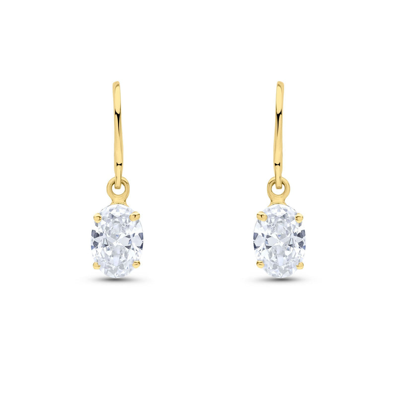 9ct Yellow Gold Oval Cubic Zirconia CZ Claw Hook Wire Drop Earrings — 7x5mm