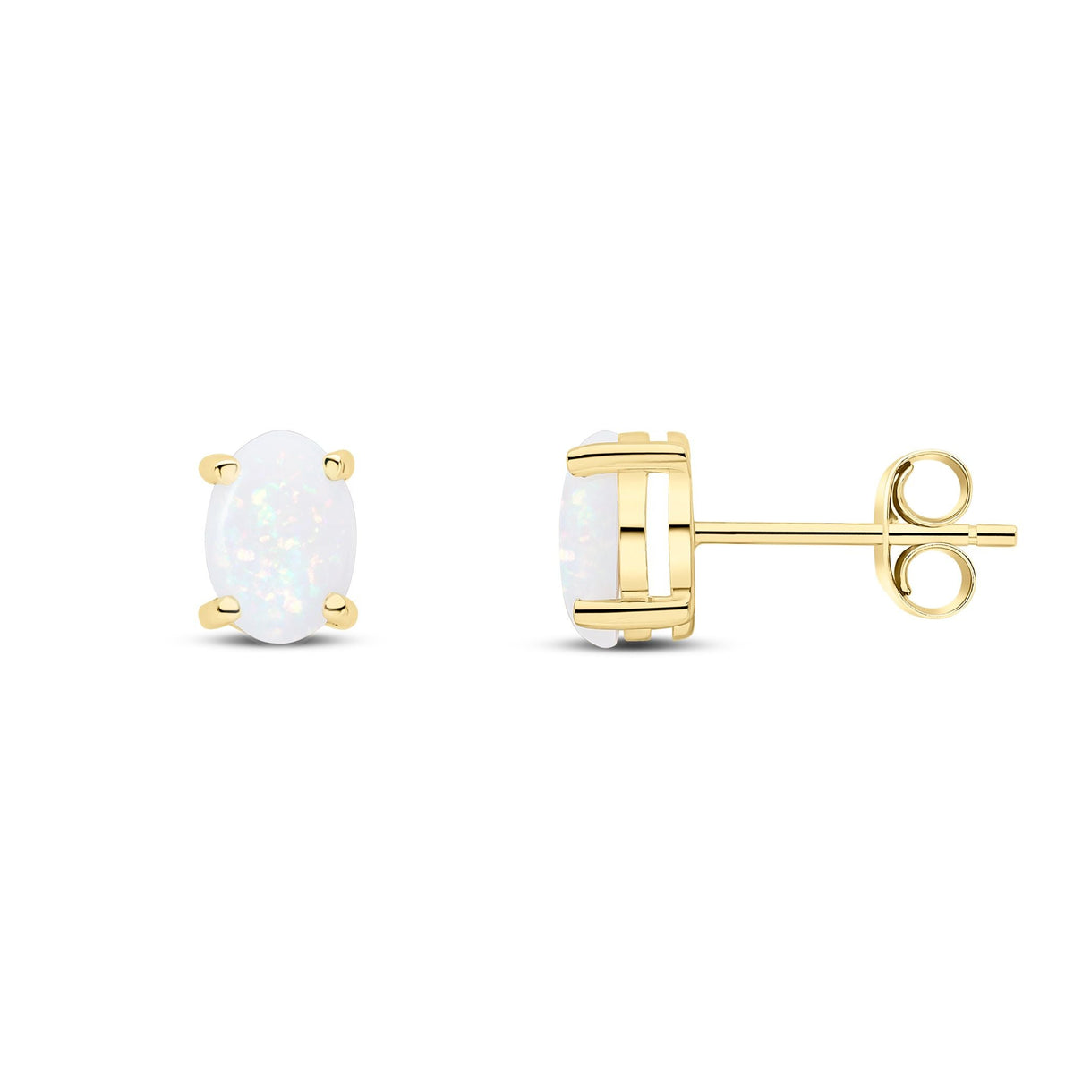 9ct Yellow Gold Oval Natural Opal Claw Stud Earrings — 7x5mm