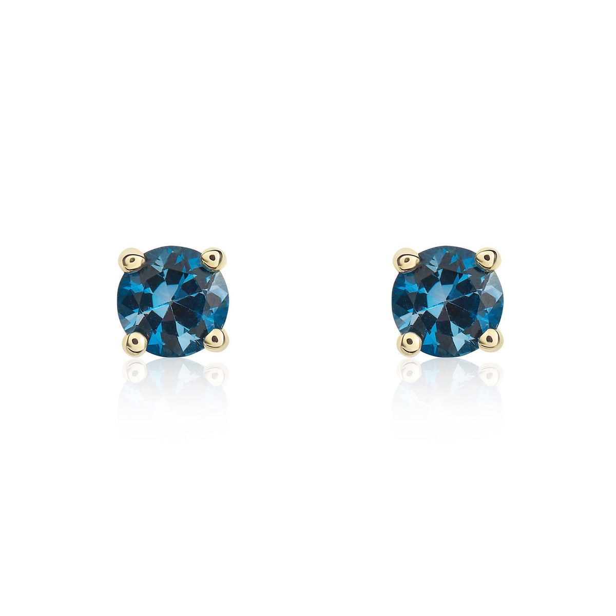 9ct Yellow Gold Round Natural London Blue Topaz Claw Stud Earrings — 4mm