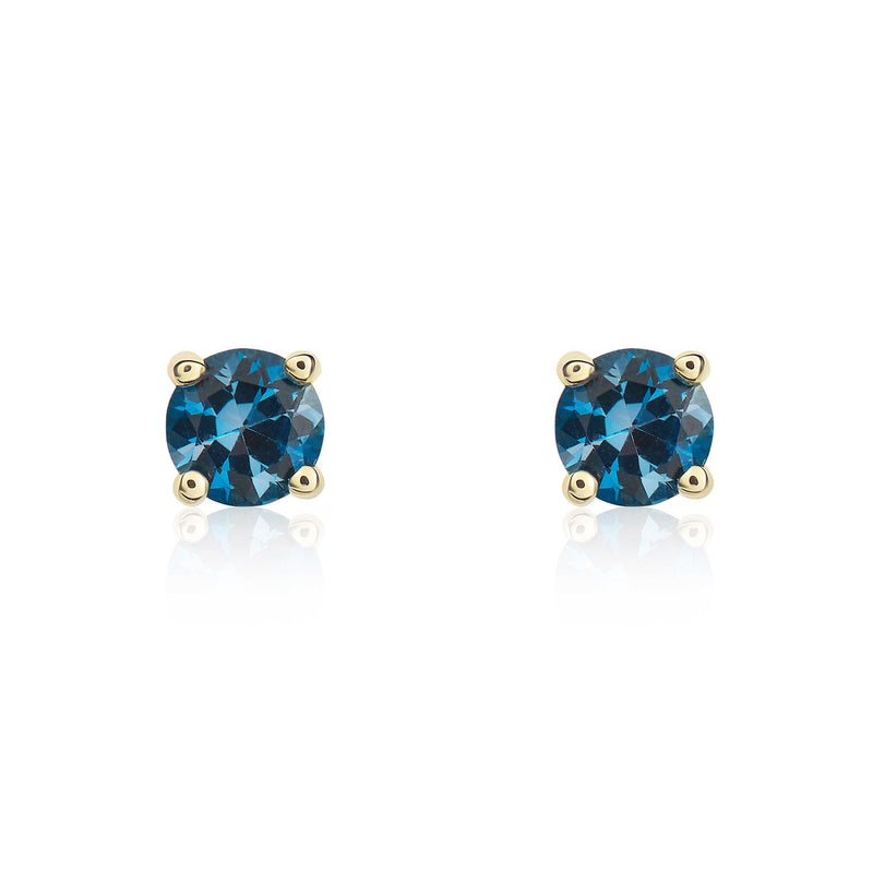 9ct Yellow Gold Round Natural London Blue Topaz Claw Stud Earrings — 4mm
