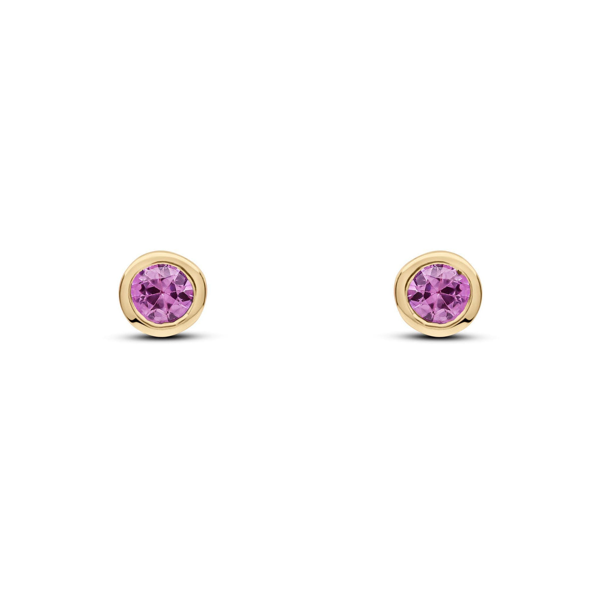 9ct Yellow Gold Round Natural Pink Sapphire Rubover Stud Earrings — 3mm