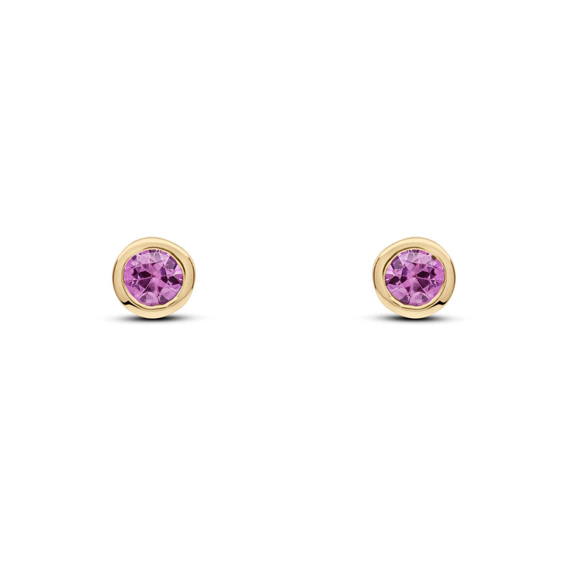 9ct Yellow Gold Round Natural Pink Sapphire Rubover Stud Earrings — 3mm