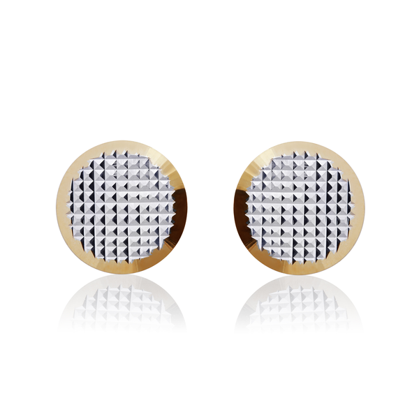 9ct Two Tone White and Yellow Gold Engine Turned Flat Disc Earrings — 10.5mm