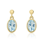 9ct Yellow Gold Oval Natural Aquamarine Rubover Drop Earrings — 7x5mm