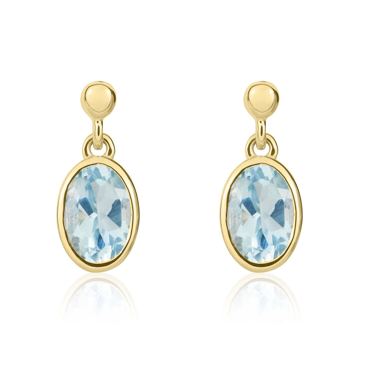 9ct Yellow Gold Oval Natural Aquamarine Rubover Drop Earrings — 7x5mm