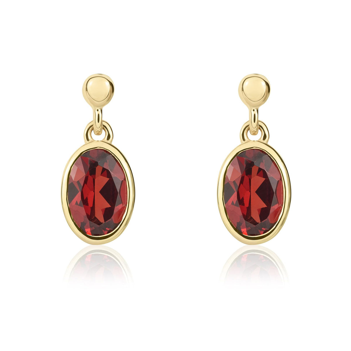 9ct Yellow Gold Oval Natural Garnet Rubover Drop Earrings — 6x4mm