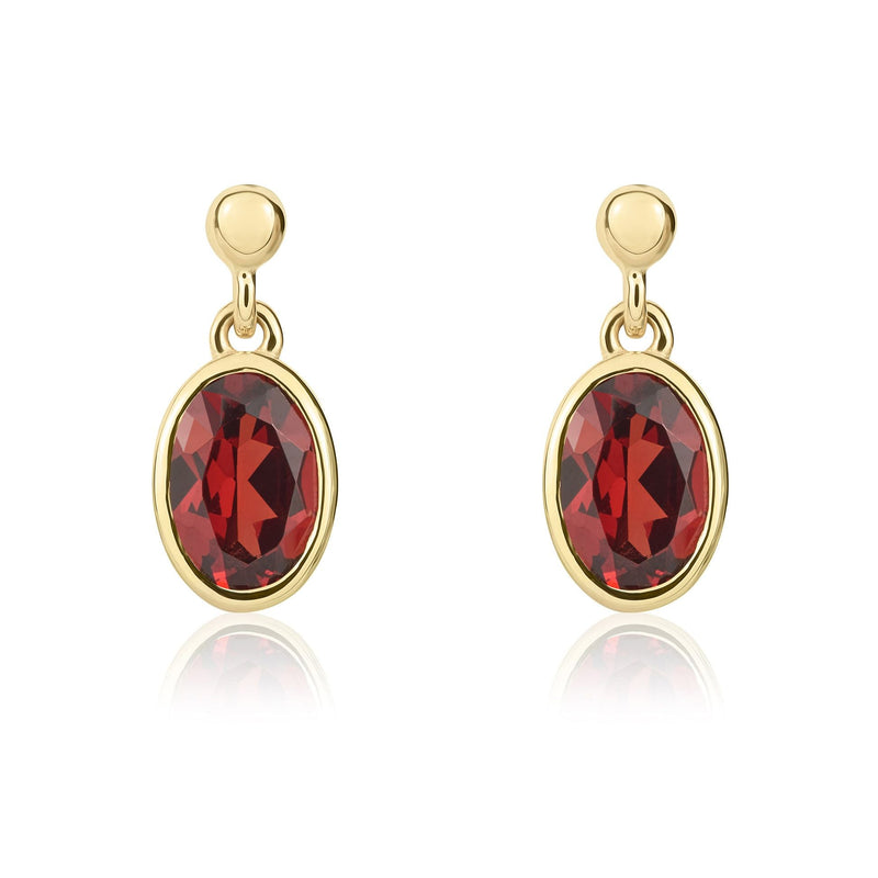 9ct Yellow Gold Oval Natural Garnet Rubover Drop Earrings — 6x4mm