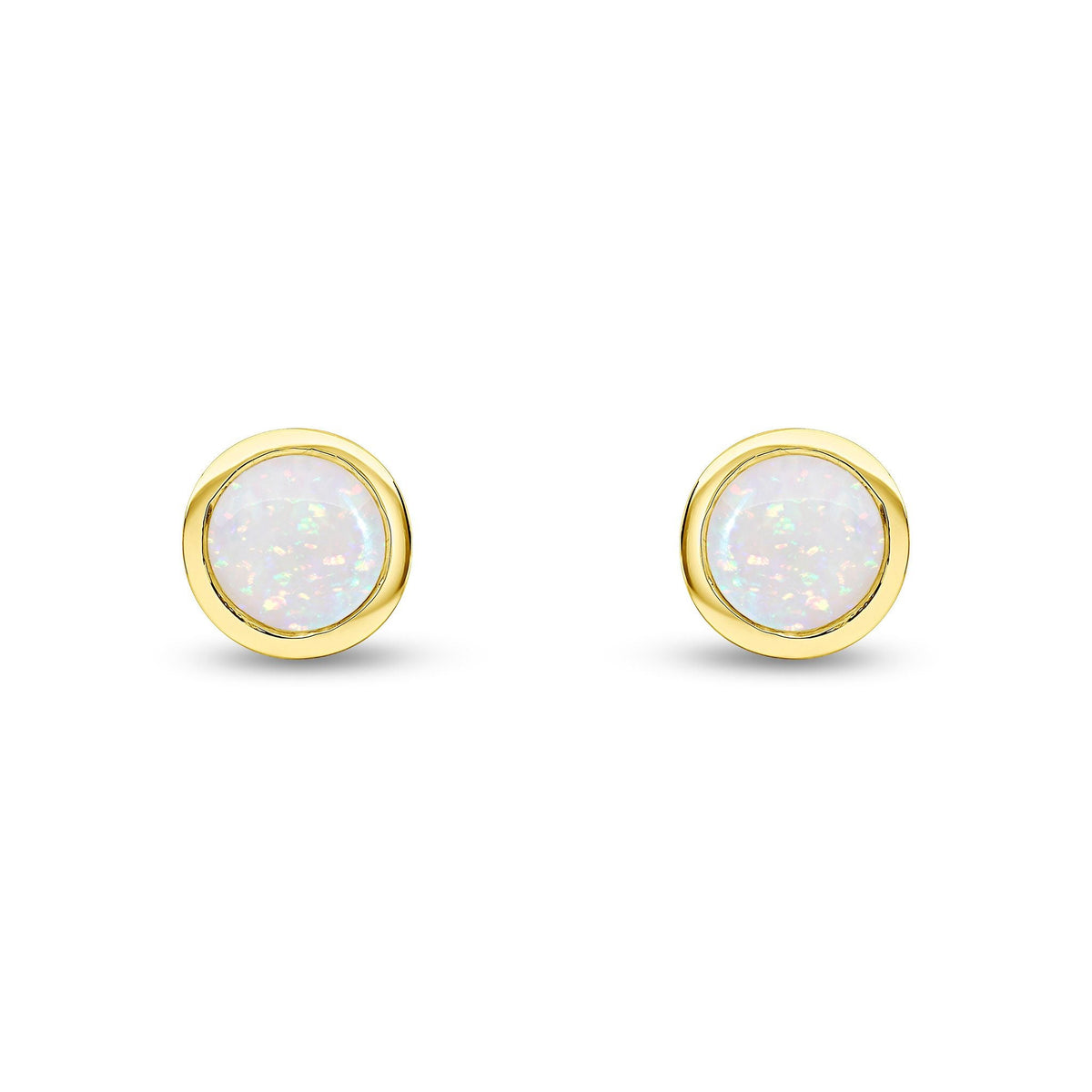 9ct Yellow Gold Round Natural Opal Rubover Stud Earrings — 6mm