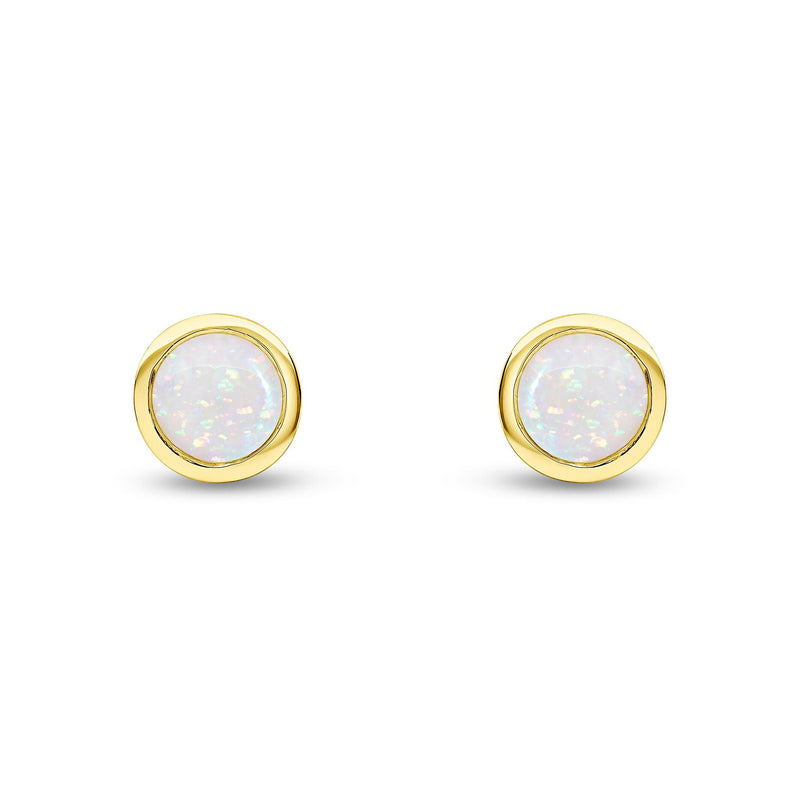 9ct Yellow Gold Round Natural Opal Rubover Stud Earrings — 6mm